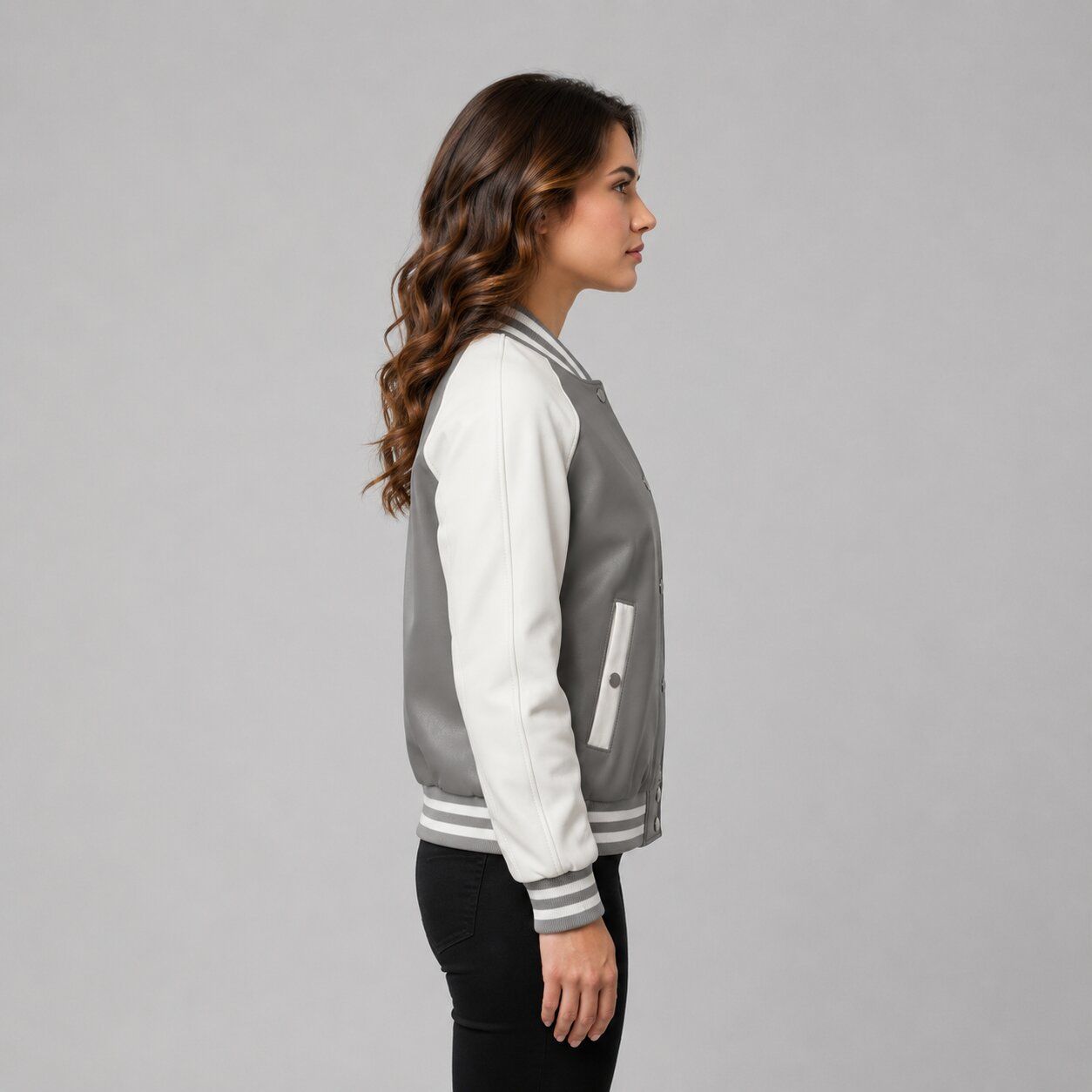 Women Grey Leather Bomber Jacket – Striped Trim Design sid view by avanzar leather