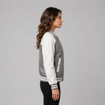Women Grey Leather Bomber Jacket – Striped Trim Design sid view by avanzar leather