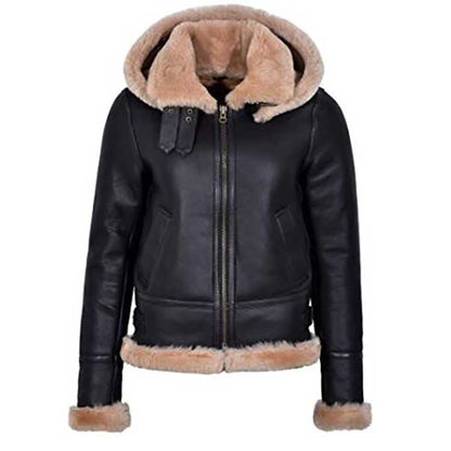 Women's Hooded Flying Aviator Leather Jacket