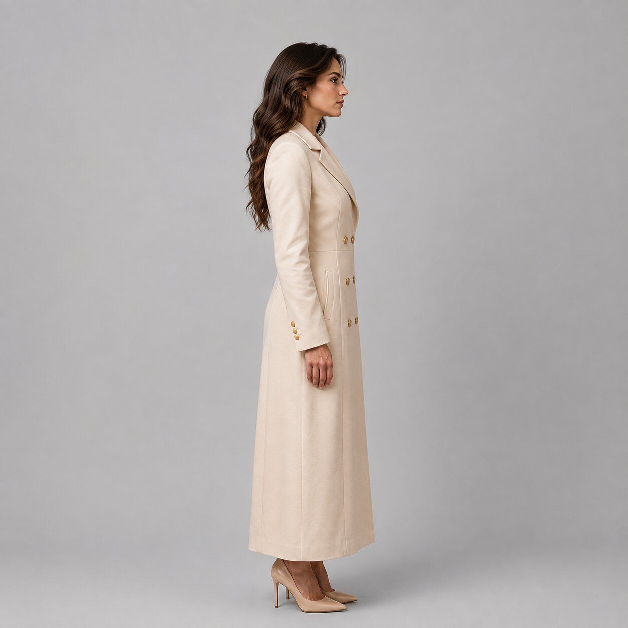 Women Off White Leather Trench Coat – Elegant Appeal sid view by avanzar leather