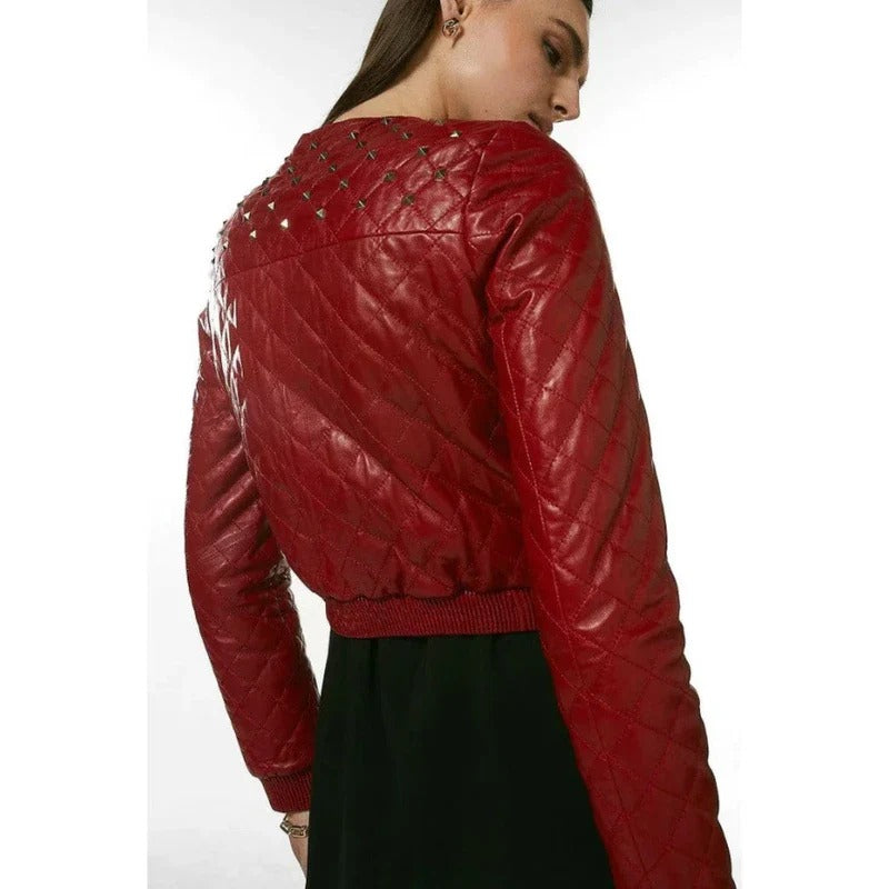 Women’s Red Studded Leather Bomber Jacket - Avanzar Leather