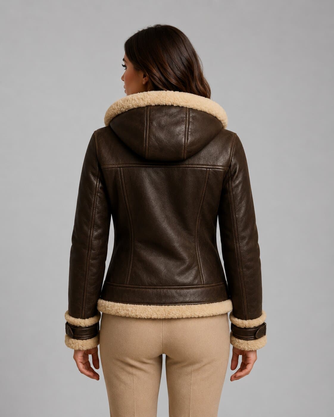 Women Shearling Fur Lined Leather Bomber Jacket back view by avanzar leather