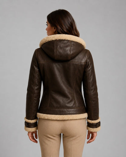 Women Shearling Fur Lined Leather Bomber Jacket back view by avanzar leather