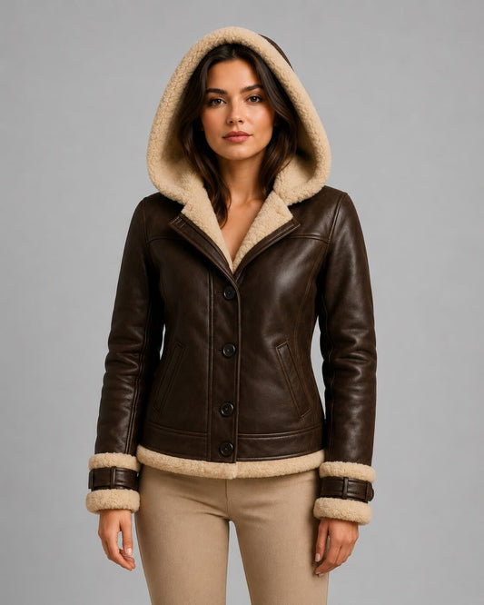 Women Shearling Fur Lined Leather Bomber Jacket front view by avanzar leather
