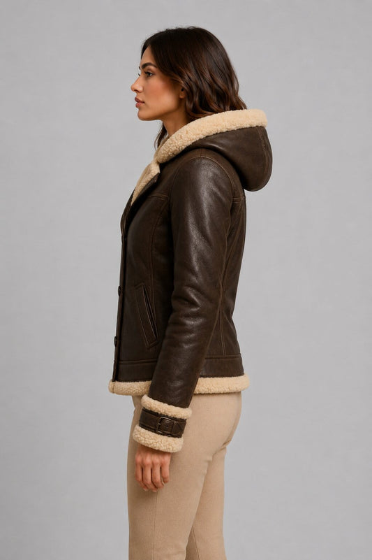 Women Shearling Fur Lined Leather Bomber Jacket sid view by avanzar leather
