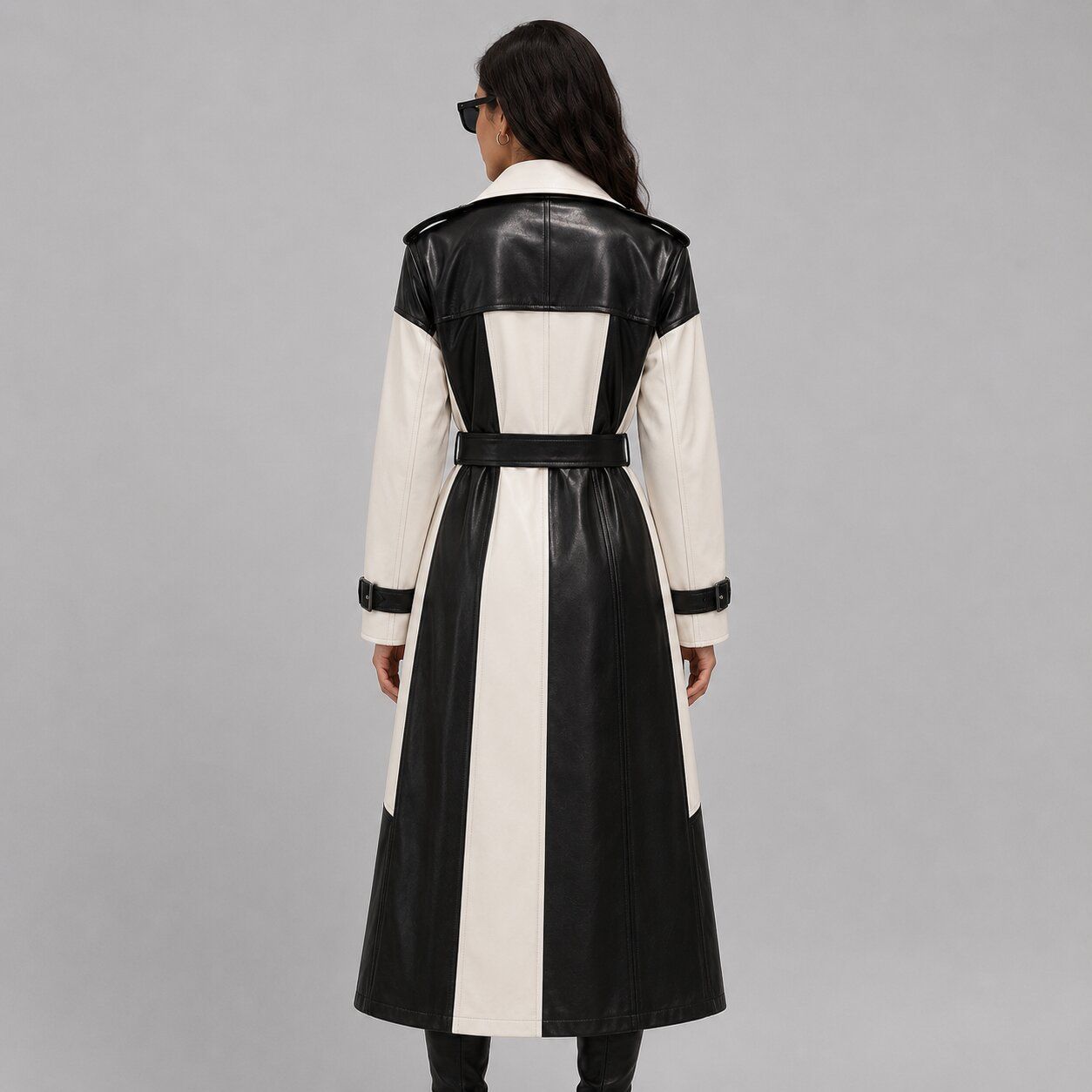 Women Two Tone Black and White Leather Trench Coat – Sophisticated Appeal back view by avanzar leather