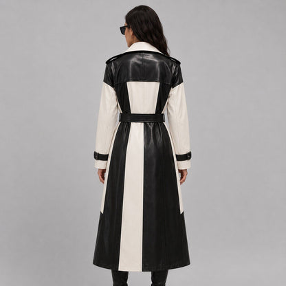 Women Two Tone Black and White Leather Trench Coat – Sophisticated Appeal back view by avanzar leather