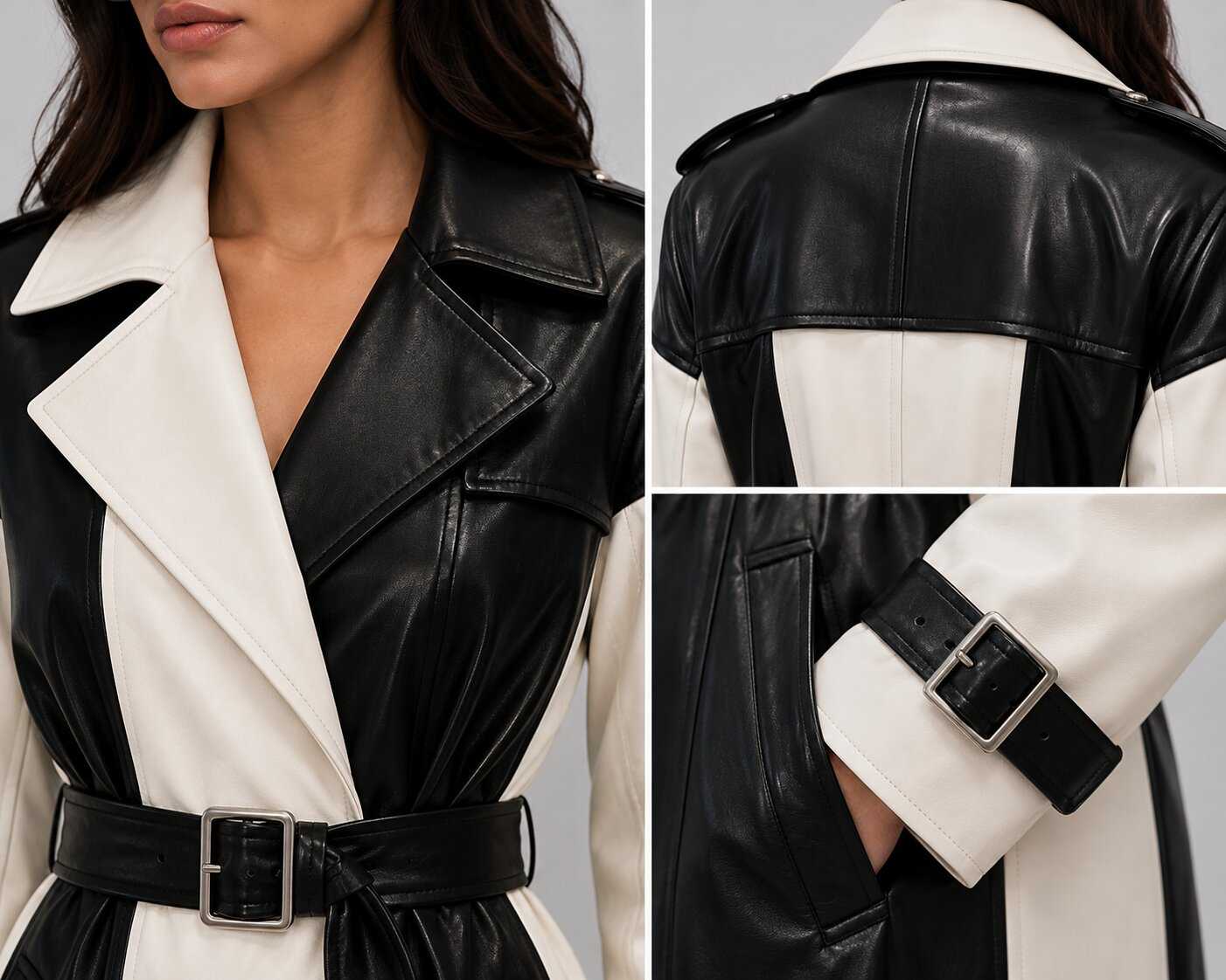 Women Two Tone Black and White Leather Trench Coat – Sophisticated Appeal closeup view by avanzar leather