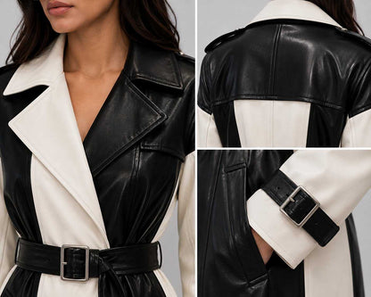 Women Two Tone Black and White Leather Trench Coat – Sophisticated Appeal closeup view by avanzar leather