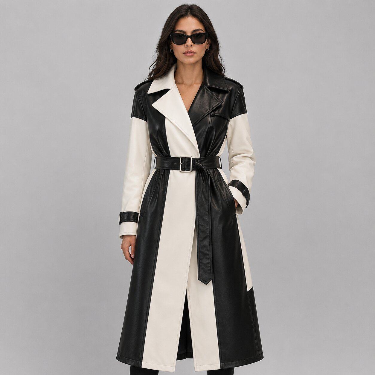 Women Two Tone Black and White Leather Trench Coat – Sophisticated Appeal front view by avanzar leather