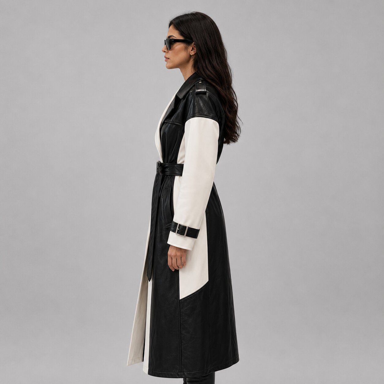 Women Two Tone Black and White Leather Trench Coat – Sophisticated Appeal sid view by avanzar leather