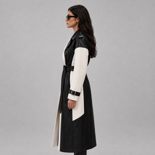 Women Two Tone Black and White Leather Trench Coat – Sophisticated Appeal sid view by avanzar leather