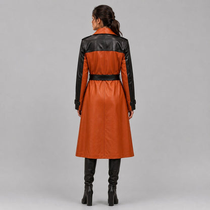 Women Two Tone Orange and Black Leather Trench Coat – Modern Sophistication back view by avanzar leather