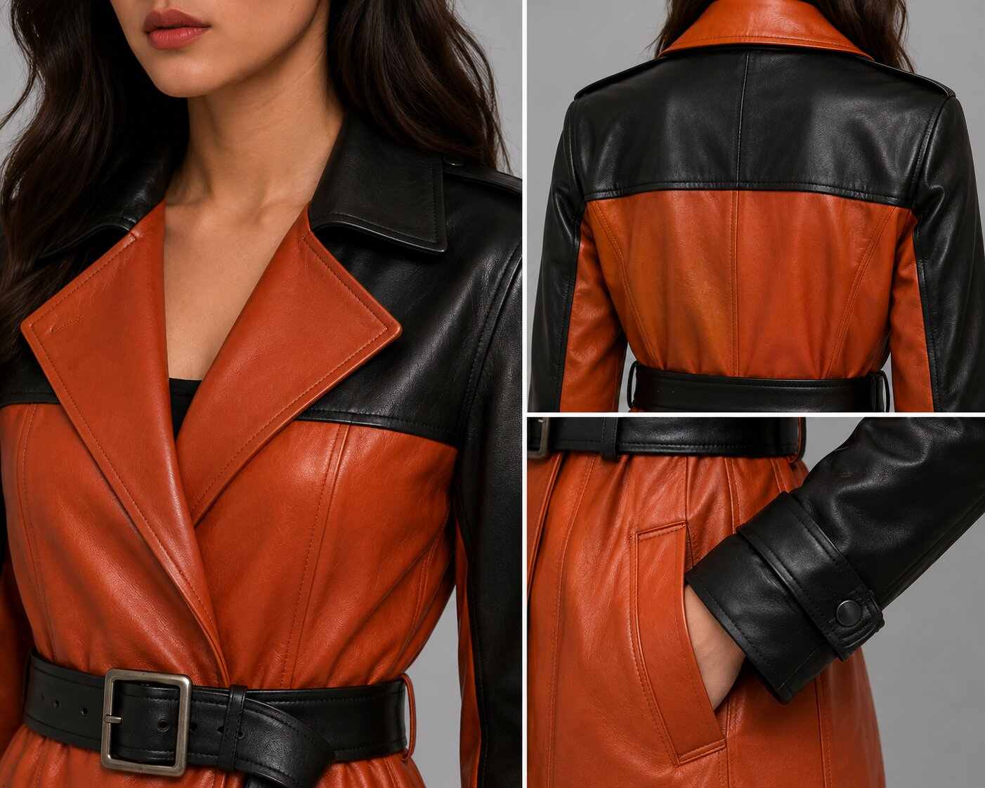 Women Two Tone Orange and Black Leather Trench Coat – Modern Sophistication closeup view by avanzar leather