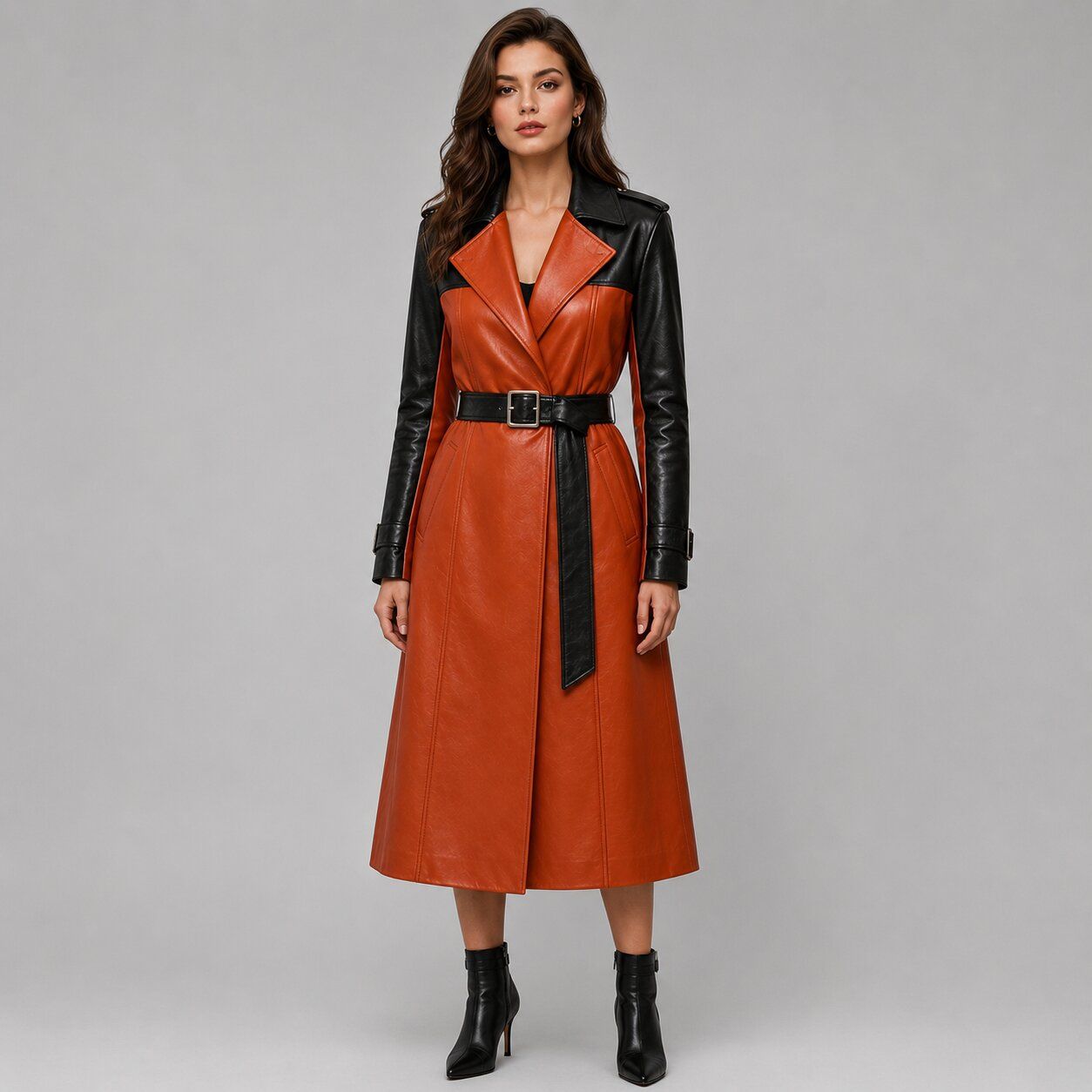 Women Two Tone Orange and Black Leather Trench Coat – Modern Sophistication front view by avanzar leather