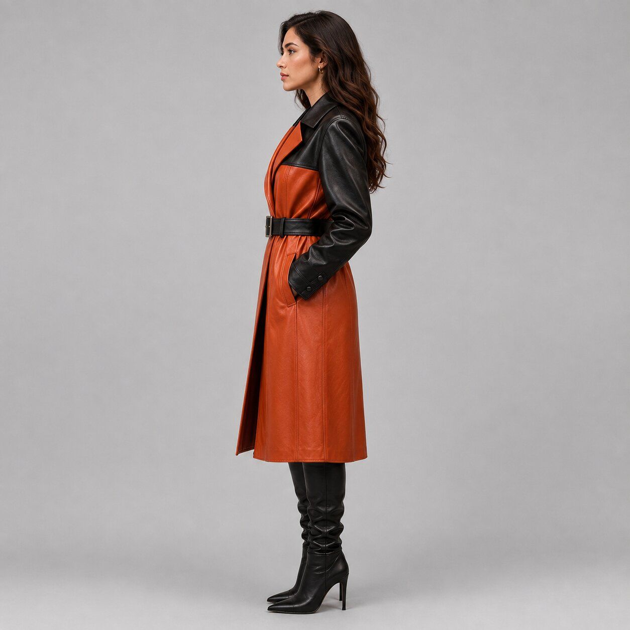 Women Two Tone Orange and Black Leather Trench Coat – Modern Sophistication sid view by avanzar leather