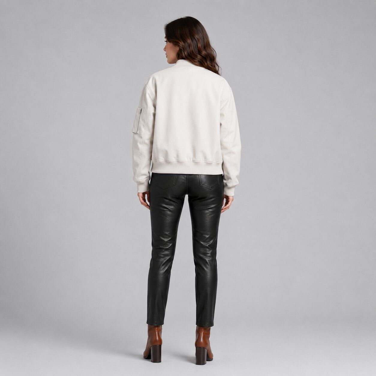 Women White Leather Bomber Jacket with Ribbed Trim – Modern Appeal back view by avanzar leather