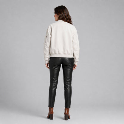 Women White Leather Bomber Jacket with Ribbed Trim – Modern Appeal back view by avanzar leather