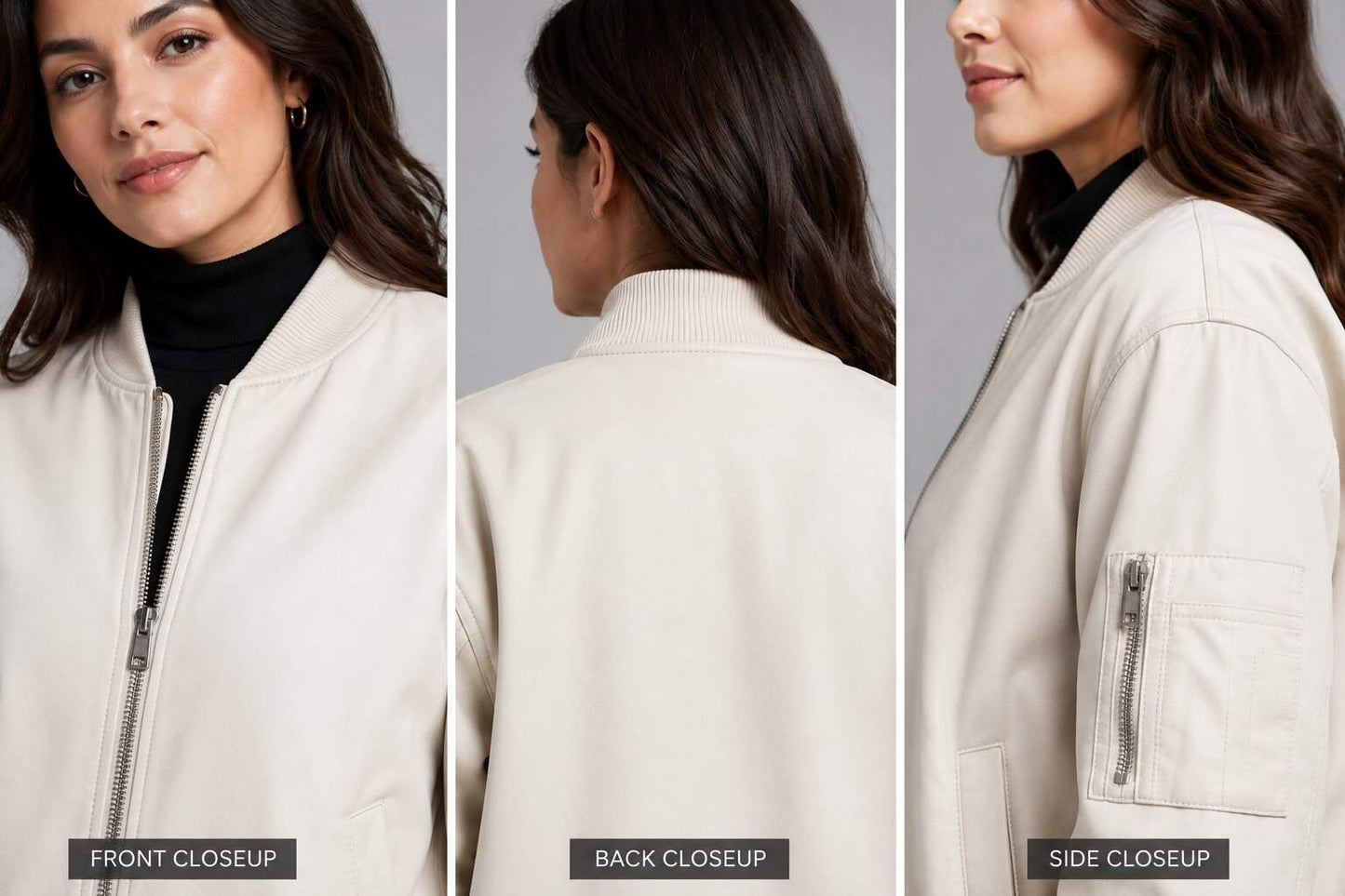 Women White Leather Bomber Jacket with Ribbed Trim – Modern Appeal closeup view by avanzar leather