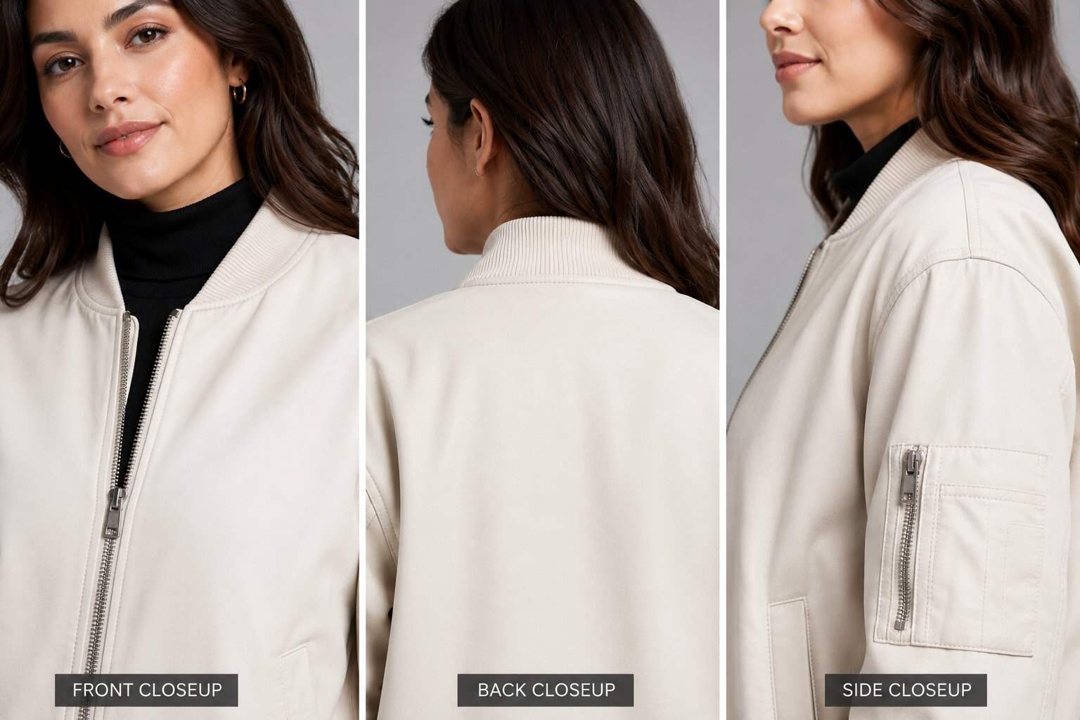 Women White Leather Bomber Jacket with Ribbed Trim – Modern Appeal closeup view by avanzar leather