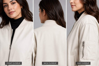 Women White Leather Bomber Jacket with Ribbed Trim – Modern Appeal closeup view by avanzar leather
