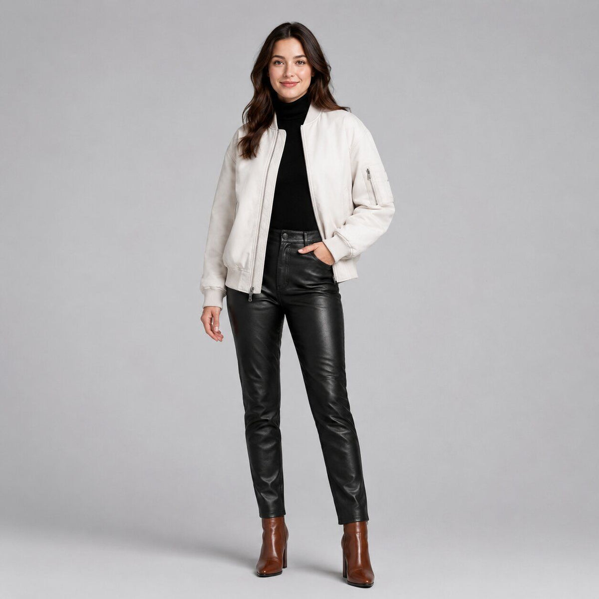 Women White Leather Bomber Jacket with Ribbed Trim – Modern Appeal front view by avanzar leather