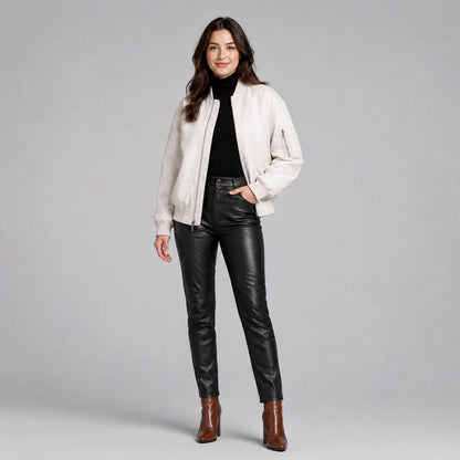 Women White Leather Bomber Jacket with Ribbed Trim – Modern Appeal front view by avanzar leather