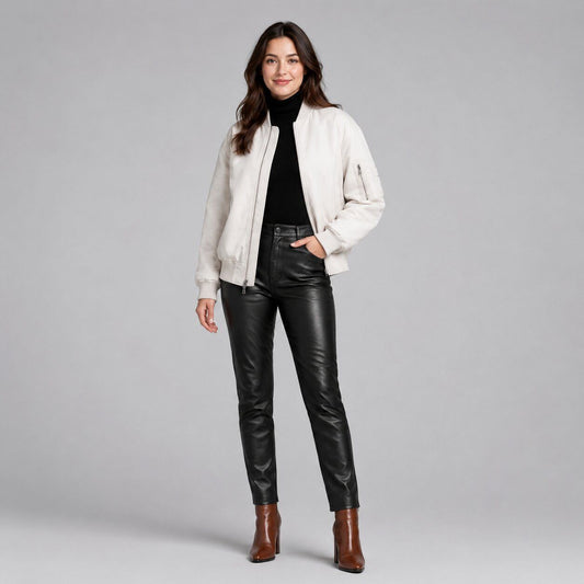Women White Leather Bomber Jacket with Ribbed Trim – Modern Appeal front view by avanzar leather
