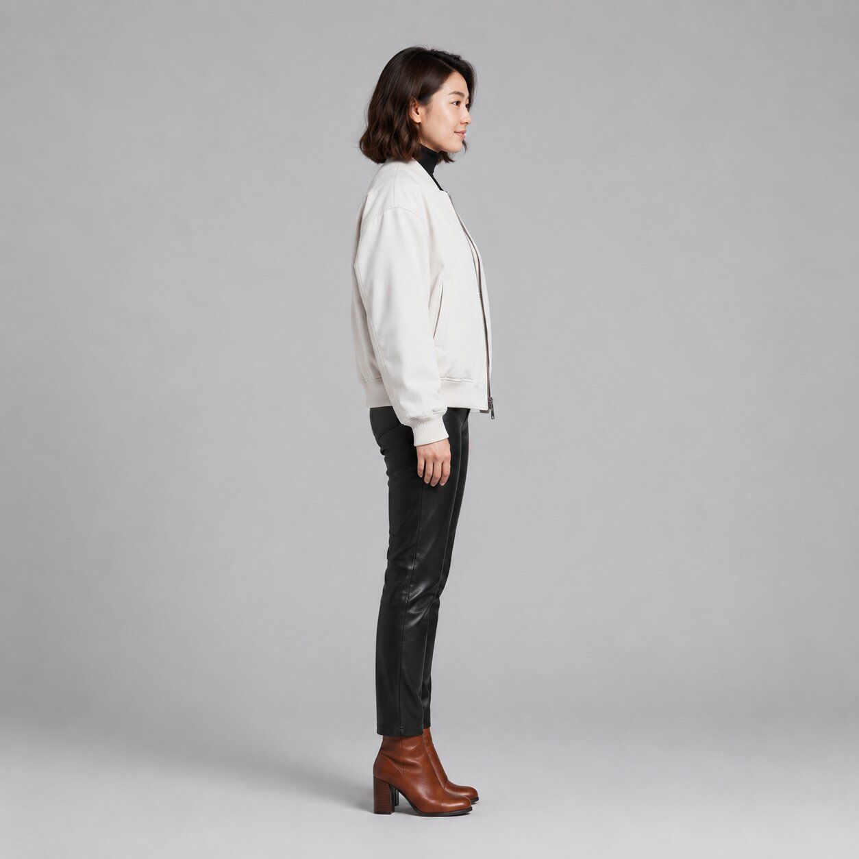 Women White Leather Bomber Jacket with Ribbed Trim – Modern Appeal sid view by avanzar leather