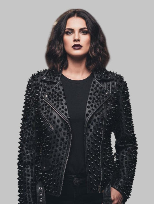 Women Black Brando Studded Rockstar Leather Jacket