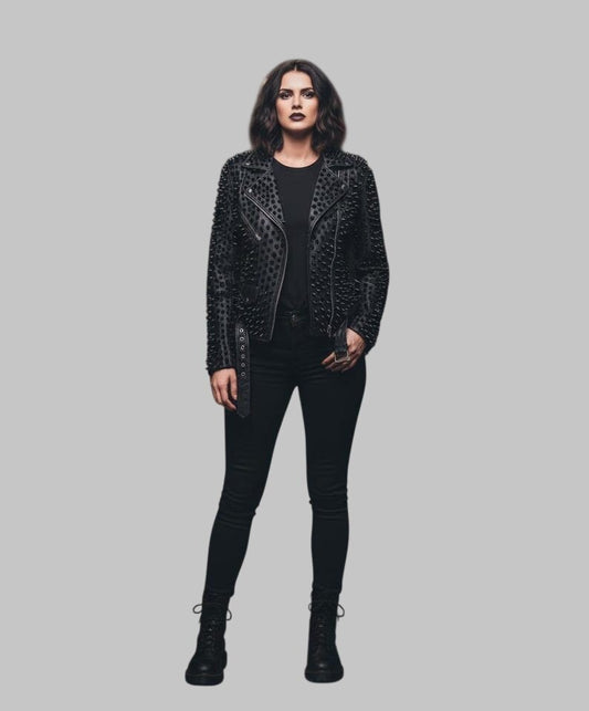 Women Black Brando Studded Rockstar Leather Jacket