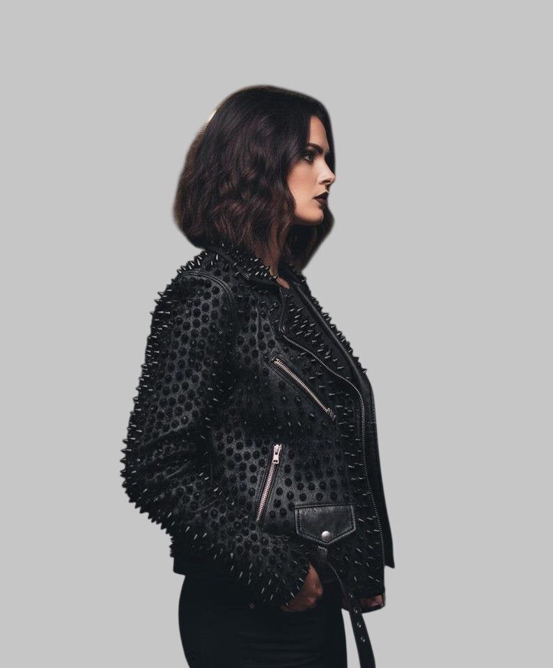 Women Black Brando Studded Rockstar Leather Jacket