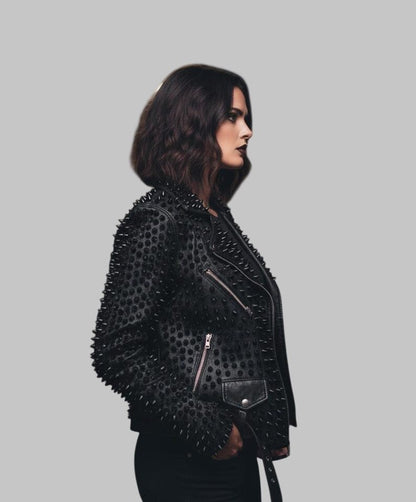 Women Black Brando Studded Rockstar Leather Jacket