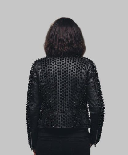 Women Black Brando Studded Rockstar Leather Jacket