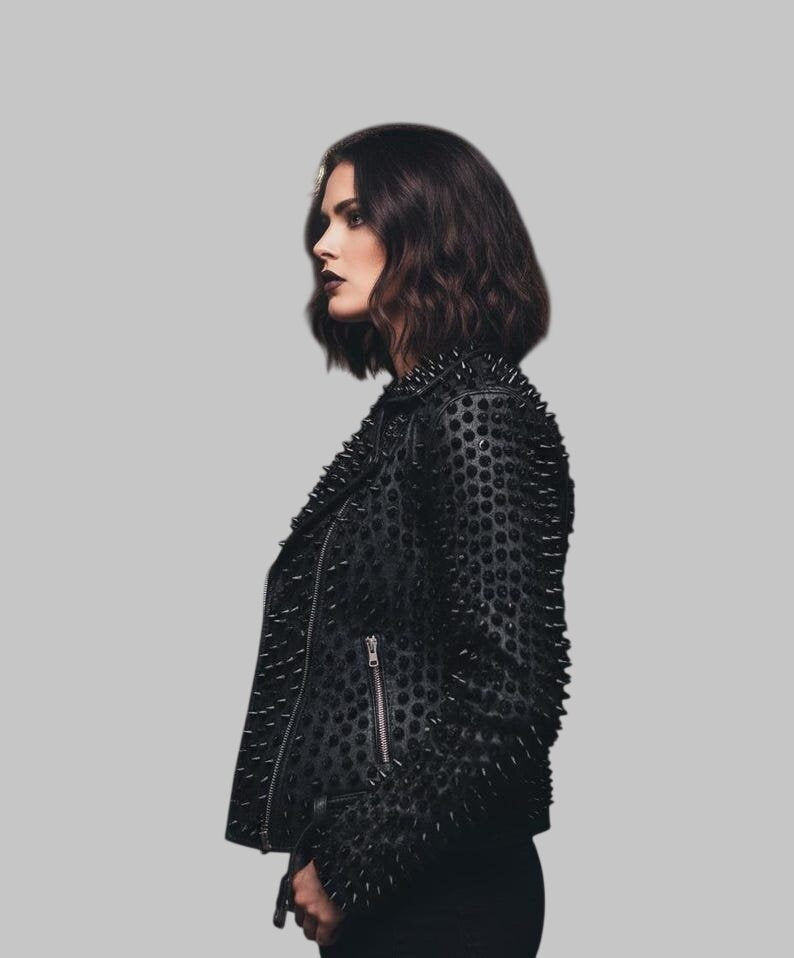 Women Black Brando Studded Rockstar Leather Jacket