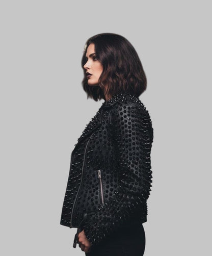 Women Black Brando Studded Rockstar Leather Jacket