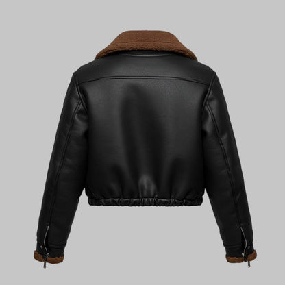 Women Black Cropped B3 Shearling Sheepskin Leather Jacket