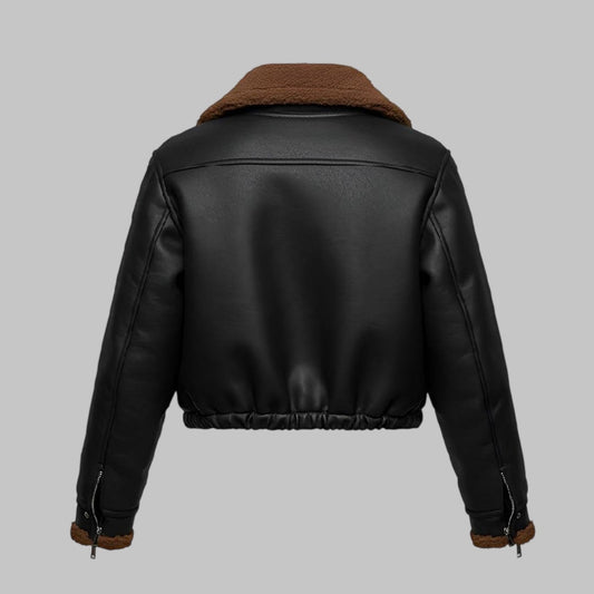 Women Black Cropped B3 Shearling Sheepskin Leather Jacket