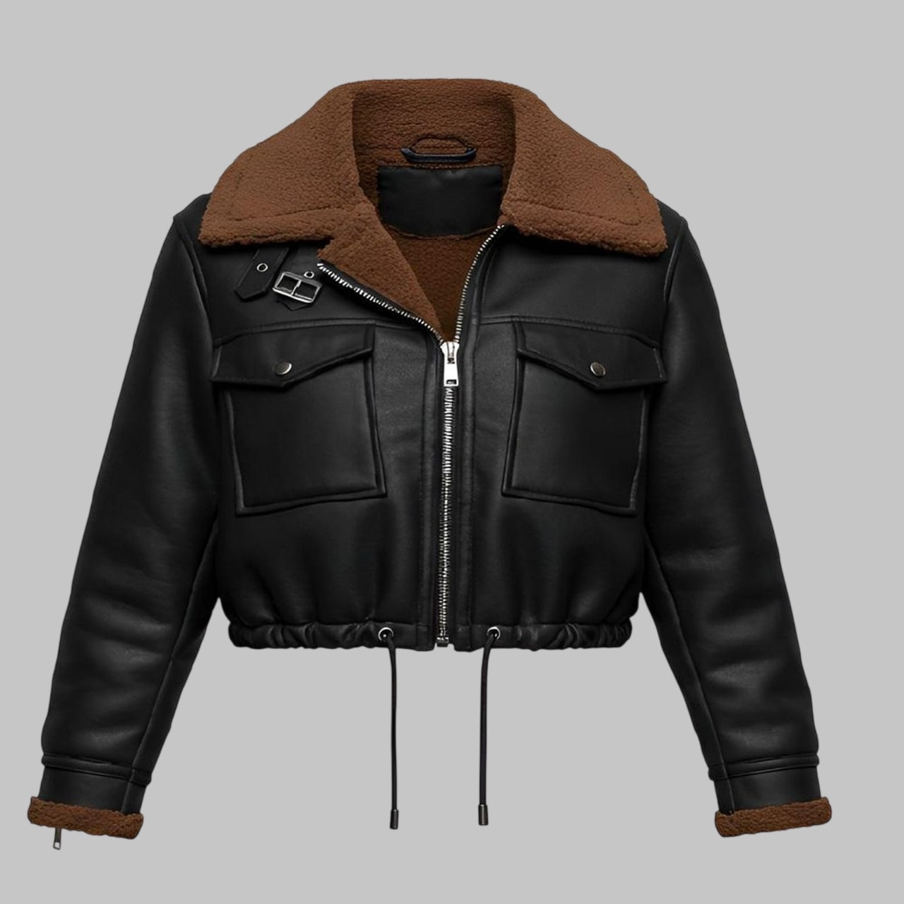 Women Black Cropped B3 Shearling Sheepskin Leather Jacket