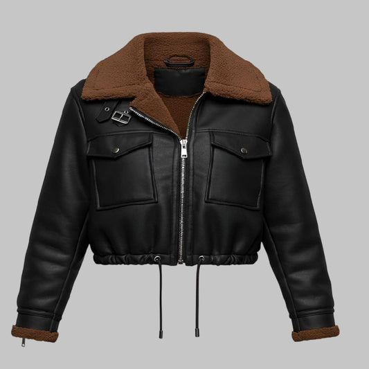 Women Black Cropped B3 Shearling Sheepskin Leather Jacket