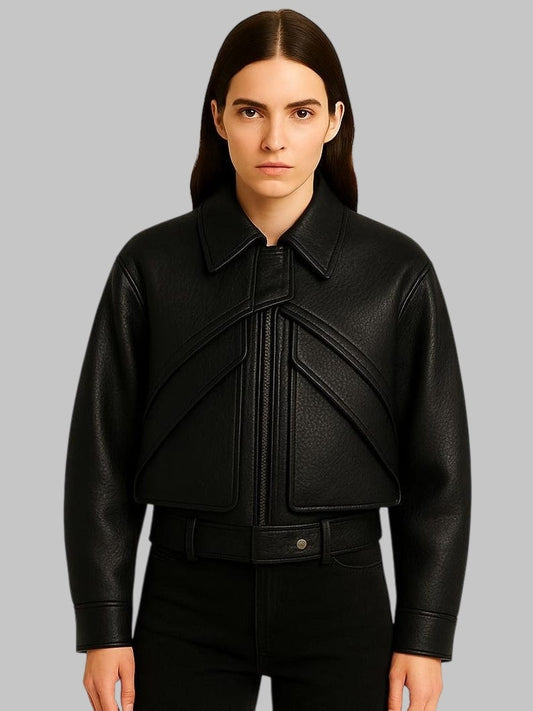 Women Black Cropped Leather Jacket Belted Waist