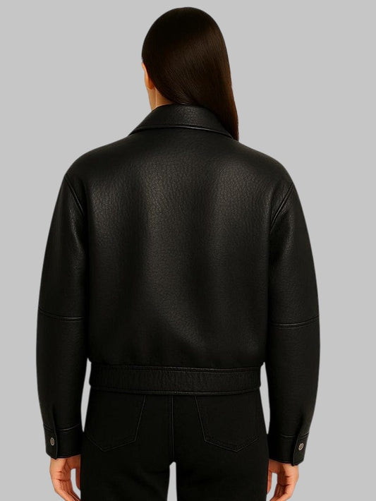 Women Black Cropped Leather Jacket Belted Waist