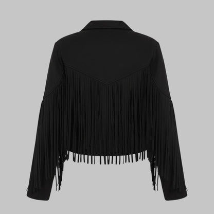 Women Black Cropped Suede Fringe Western Style Jacket