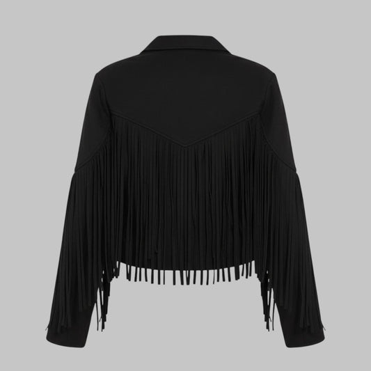 Women Black Cropped Suede Fringe Western Style Jacket