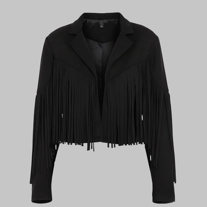 Women Black Cropped Suede Fringe Western Style Jacket