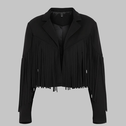 Women Black Cropped Suede Fringe Western Style Jacket