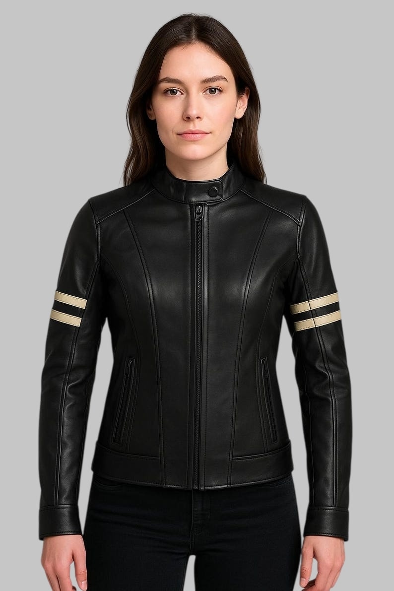 Women Black Leather Biker Jacket Cream Stripe