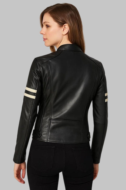 Women Black Leather Biker Jacket Cream Stripe