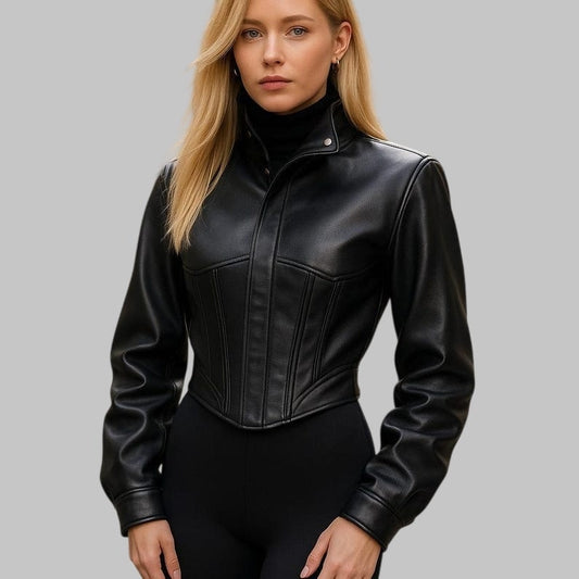 Women Black Leather Corset Jacket High Collar