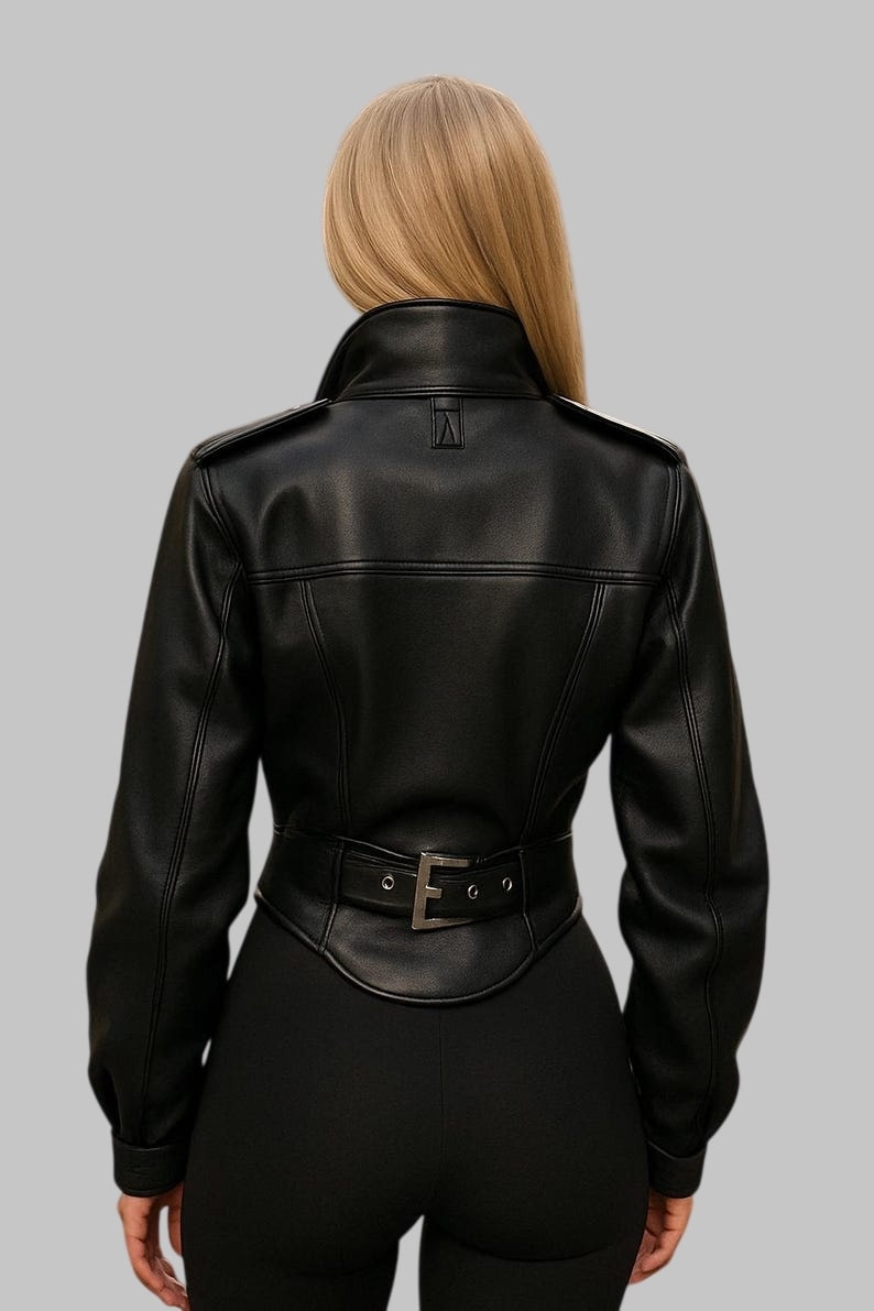 Women Black Leather Corset Jacket High Collar